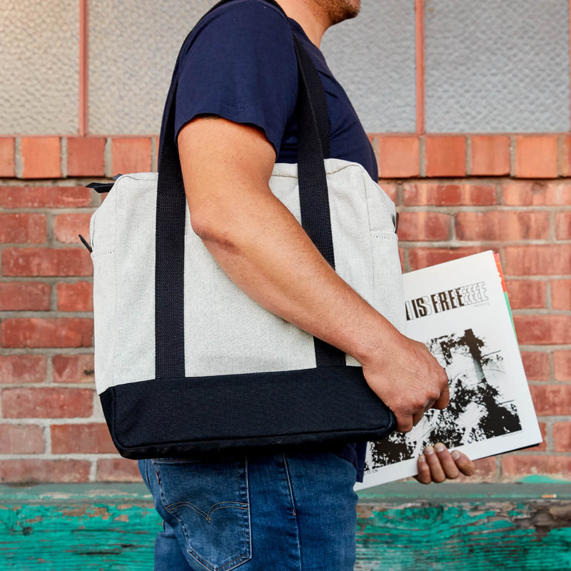 Vinyl Record Bag for vinyl collectors. Made with a wood base to support a heavy stack of records