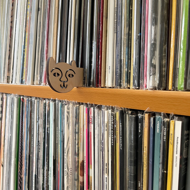 Vinyl record placeholder. Cat-shaped wood placeholder for vinyl records