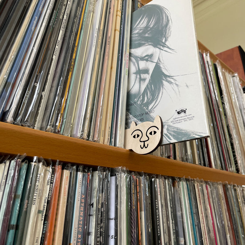 Vinyl record placeholder. Cat-shaped wood placeholder for vinyl records