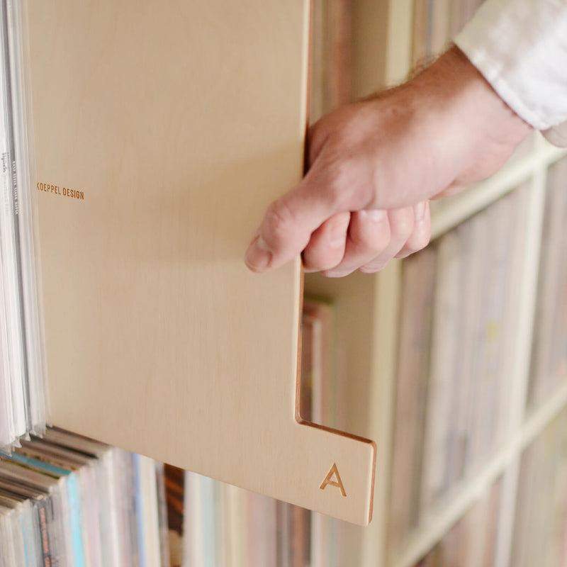 A-Z wood record dividers for vinyl record collections. 11 panel A-Z engraved panels