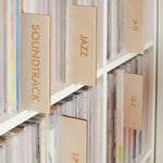 Wood record dividers for vinyl records stored on shelves and in crates