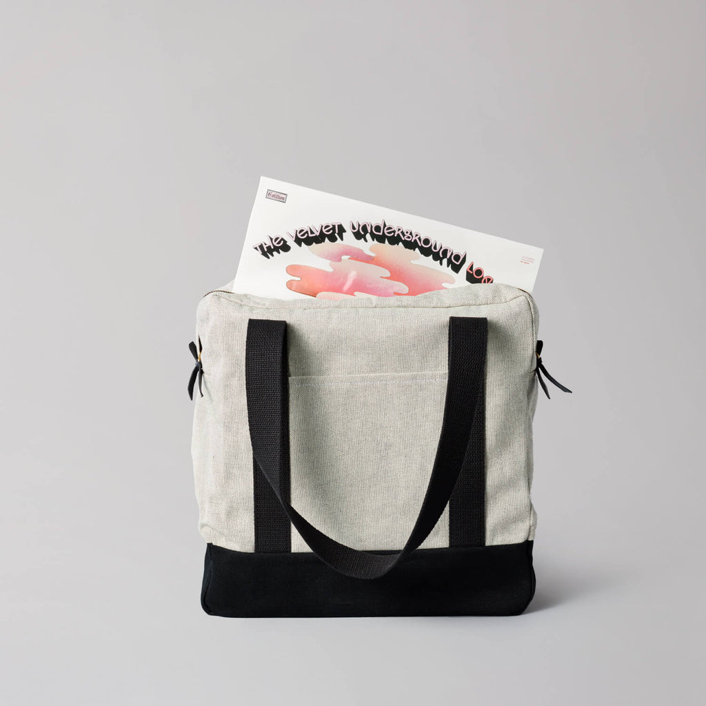 Vinyl-carrying tote bag with a wood base by Koeppel Design