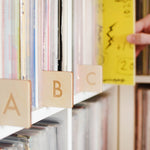Alphabetical dividers for vinyl records, wood panels for organizing records